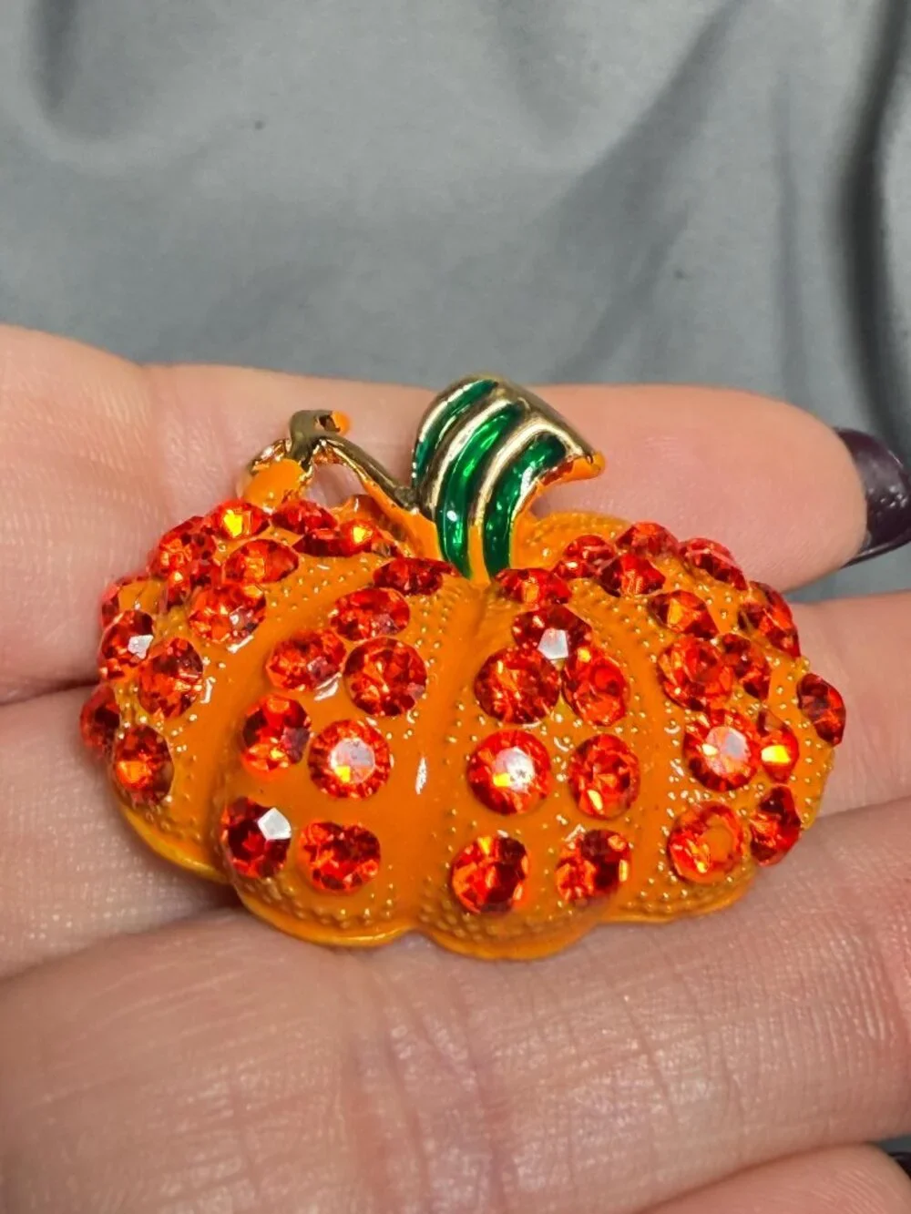 Rhinestone Pumpkin Brooch Orange Enamel Fall Pin Green Stem 1.25